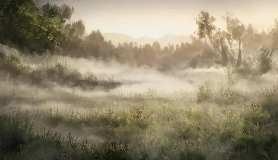 The mist-shrouded wetlands of the Fogfen north of Seaton's Cove.