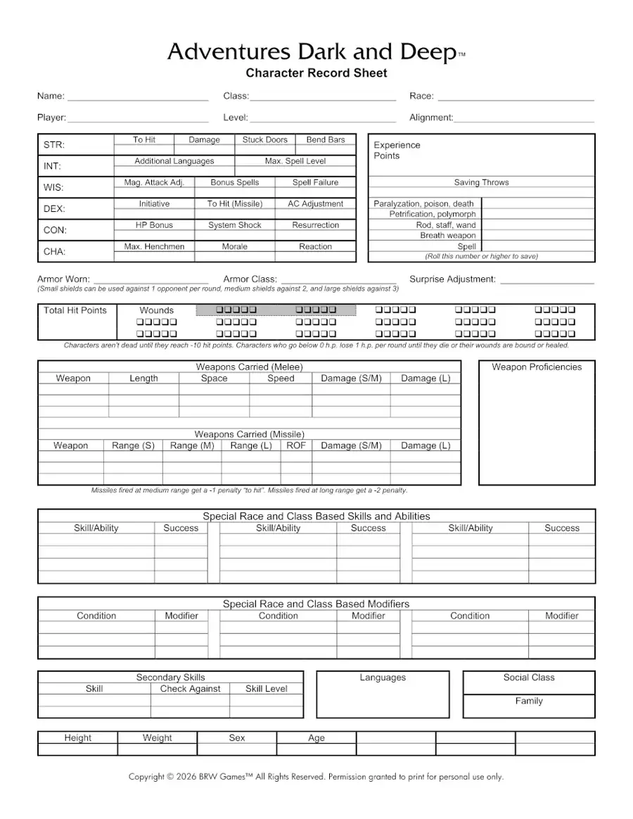 Adventures Dark and Deep Character Sheet